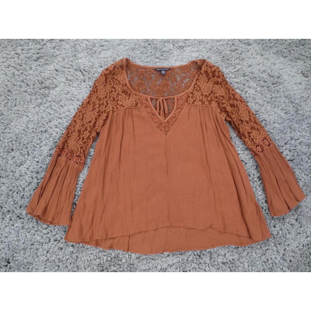 American Eagle Top Womens Medium Brown Viscose Tied Neck Lace Flared Sleeve Boho